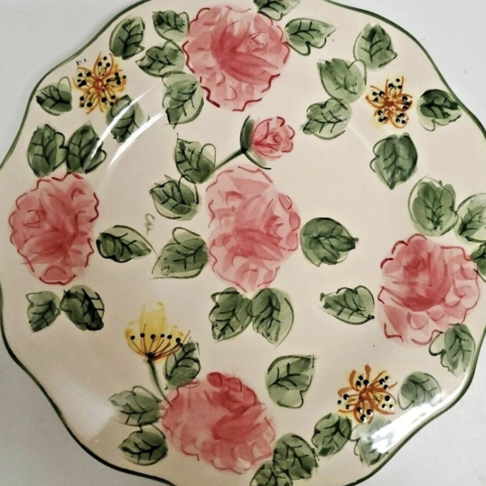 Home Trends " Cream Rose" Salad Plate Floral Motif, Scalloped Green Trim Edge